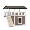 2-Tier Outdoor Wooden Dog House, Weatherproof Dog Hutch with A Large Balcony, Sisal Scratching Pad Ladder, Gift for Pets, Gray and White